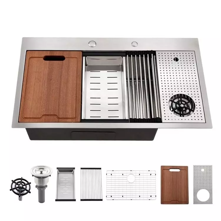 Satin workstation sink with drainboard