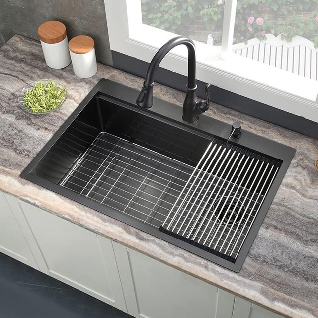 JOMOLA Handmade Stainless Steel Sink 800x400mm Topmount | PVD Black | Big Basket