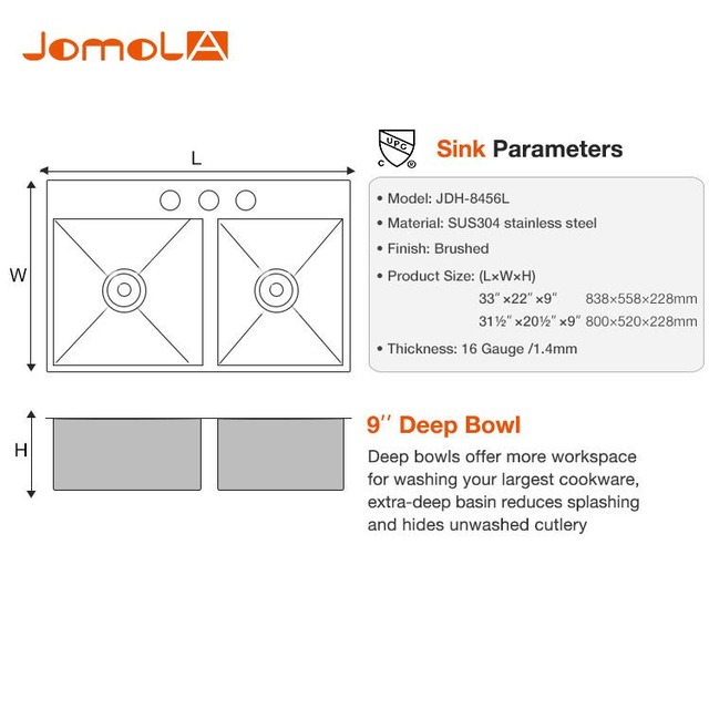 JOMOLA Handmade Stainless Steel Sink Double Bowl 838x558mm | Brushed Finish