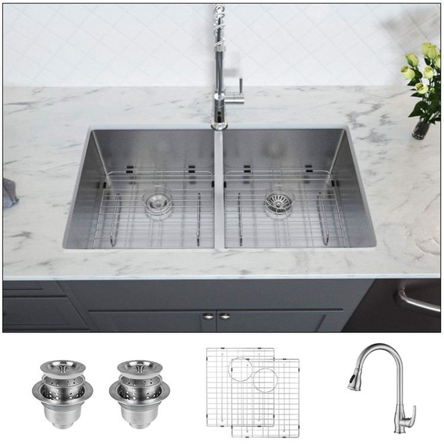 JOMOLA Handmade Stainless Steel Sink Double Bowl Undermount 10 Degree Corner