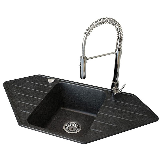 JOMOLA Black Quartz Kitchen Sink 640x640mm Topmount Corner Sink | Drainboard